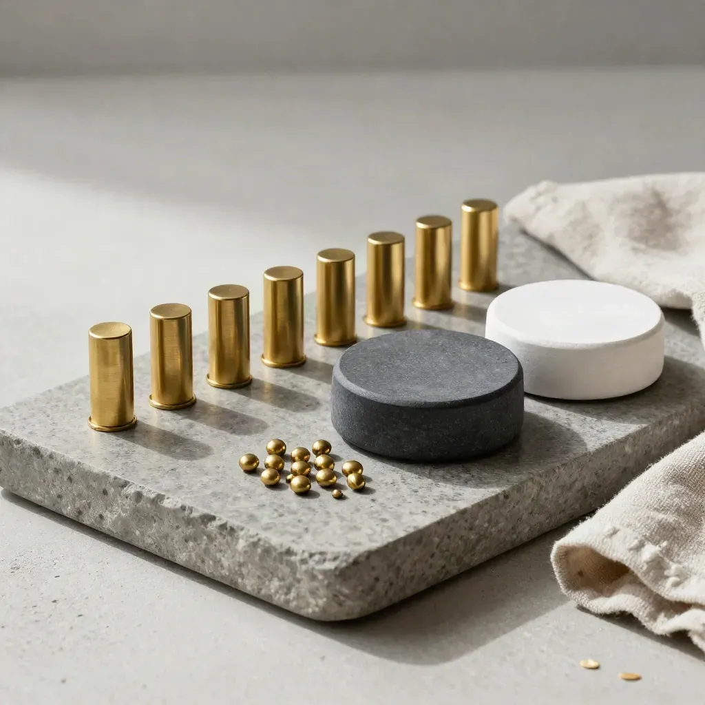 Stenen tray met messing tellers, drie matte pucks en linnen doek in zacht licht.