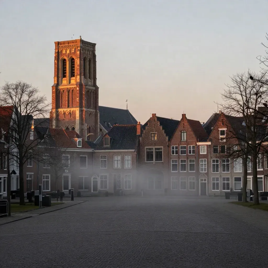 Bakstenen torens in Noord-Brabant boven een stille pleinrand in warme avondmist.