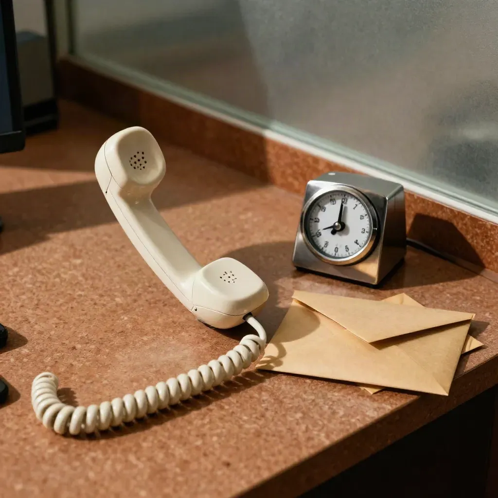Kabeltelefoon, timer en twee lead-enveloppen op een warme outbound-saleswerkplek.