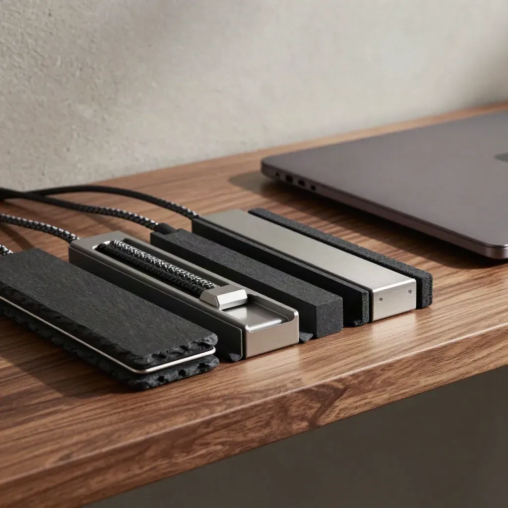 CRM-modules en kabelorganisers op een matte plank met gesloten laptop, schuin in warm licht.