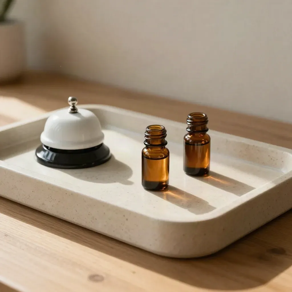 Travertin reply-tray met drie amber pips en een kleine bel in warm namiddaglicht.