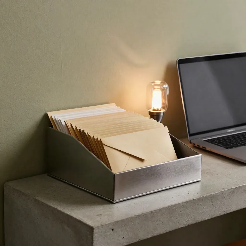 Close-up van een e-mailcampagnewerkplek met tray, stapel mailers, laptop en tasklight in dramatisch licht.