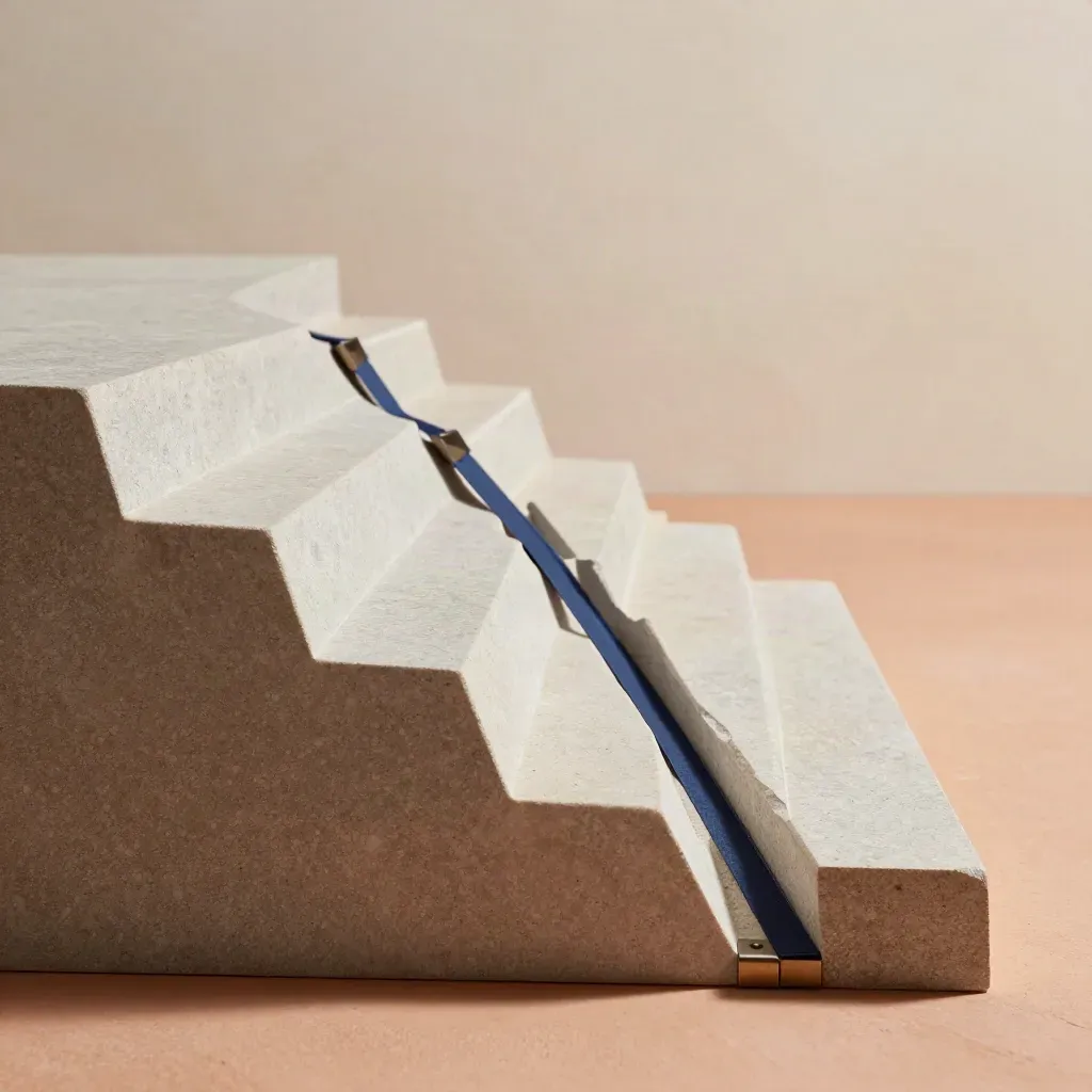 Stepped funnel van stenen blokken met blauwe markers op een terracotta vloer