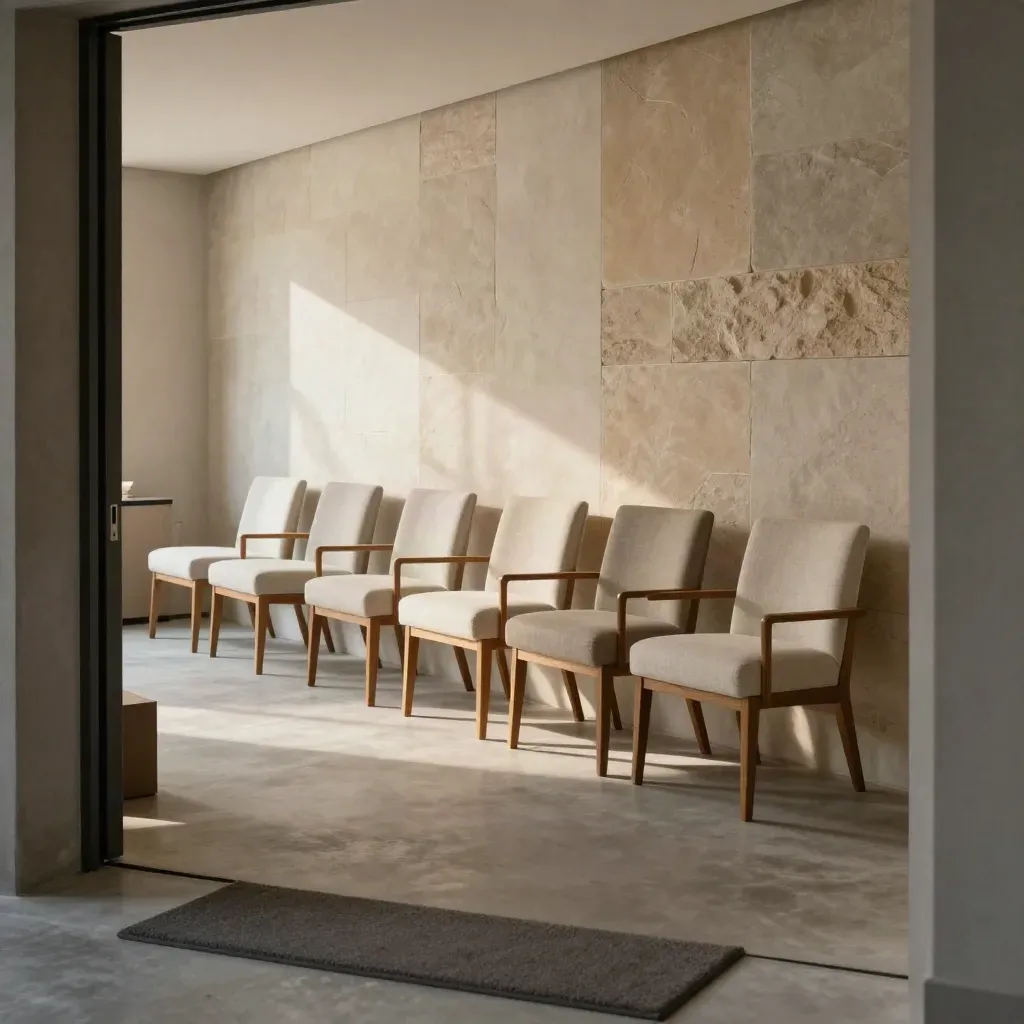 Lege demo-ruimte met zes stoelen, zachte wandglow en een nette mat bij de ingang.