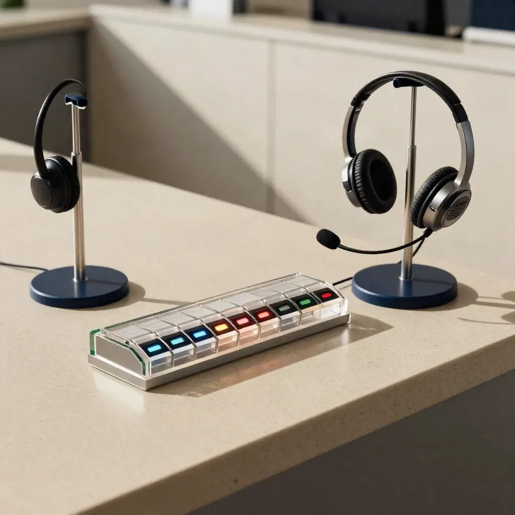 HR-demohoek met headsets, wachttokens en brandende beschikbaarheidslampjes op een bureau.