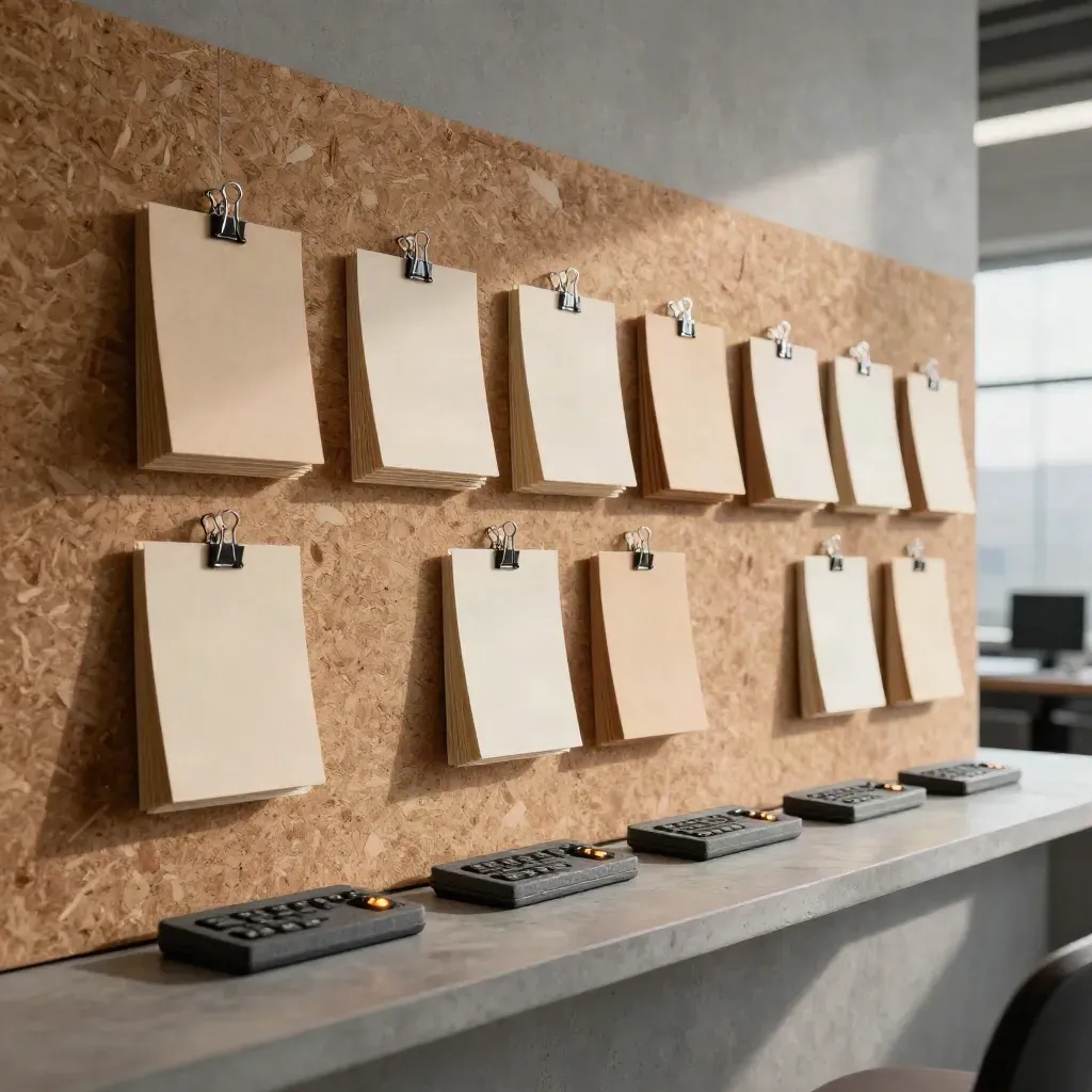 Constructiekantoor met kleurstalen, offertefolders en telefoon-docks in warm daglicht
