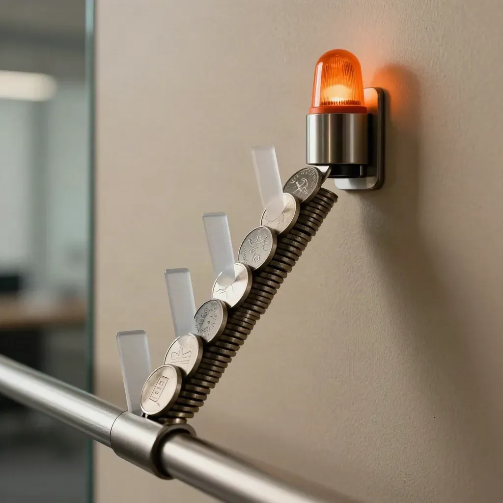 Close-up van een funnelwand met magnetische tokens en een oranje signaallamp.
