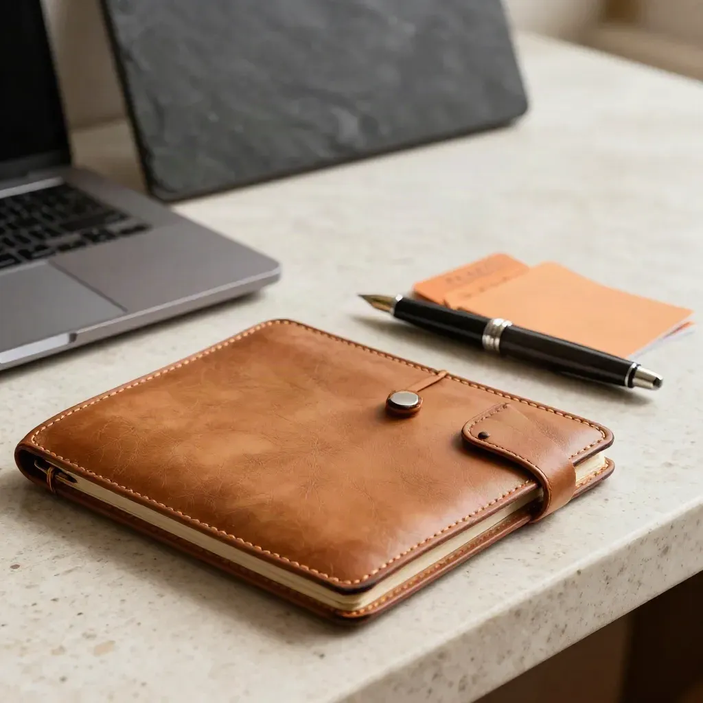 Macrostill van leren strategieboek, laptophoek, vulpen en oranje tabs op travertin.