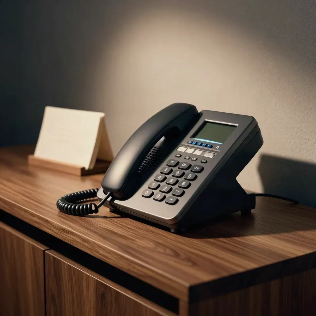 Callstation met headsetdock, telefoonbasis en voicemaillicht op een walnoten plank.