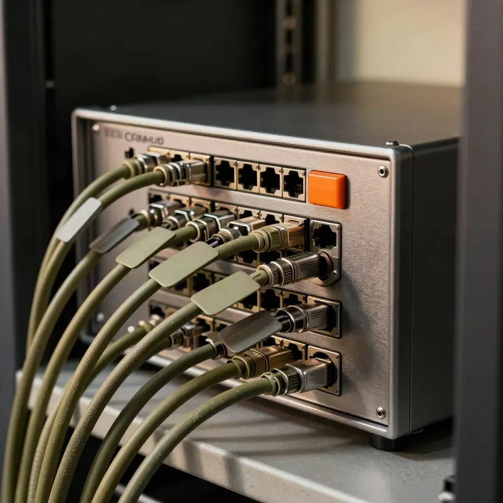 Close-up van CRM-kabels, tags en serverlade in een techruimte met koel licht.