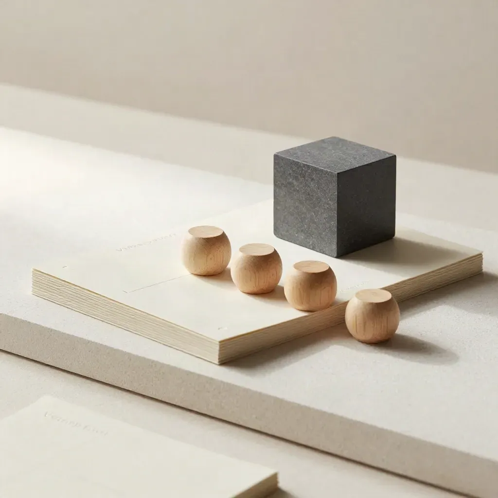 Planningskaarten, een slanke schedulerkubus en vier houten tokens op een lichte pleistergrond.