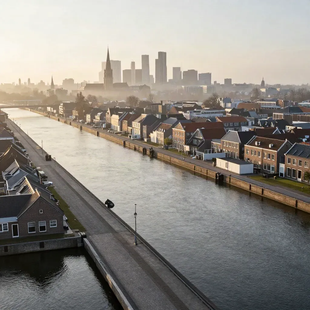 Randstad in ochtendschemer met grachten, lage daken en mistige skyline.