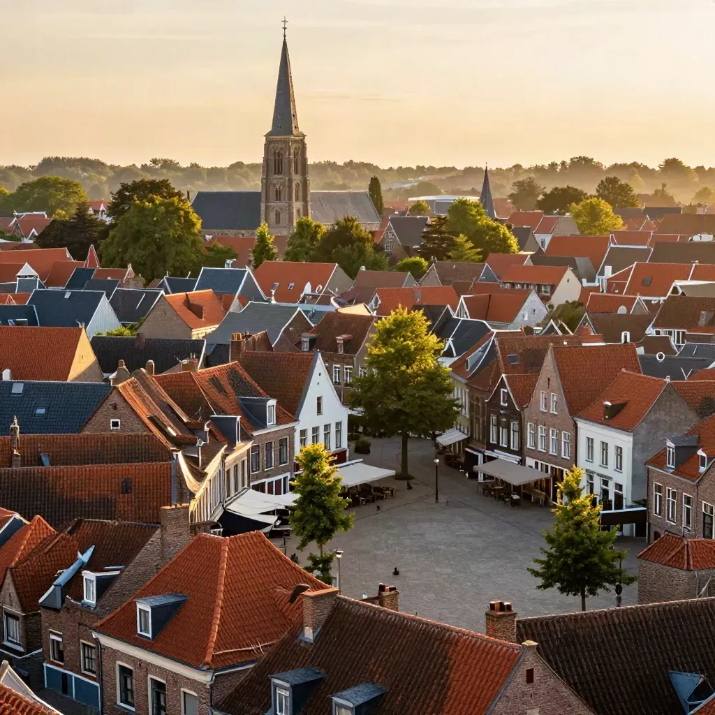 Noord-Brabant bij golden hour met rode daken, kerktoren en stille straatjes