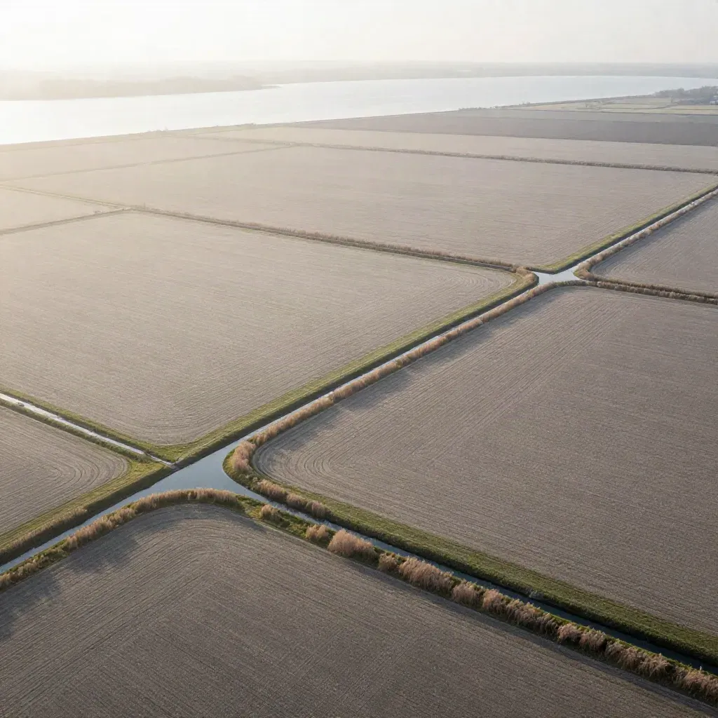 Luchtfoto van Nederlandse polders met watergangen, velden en zachte mist.